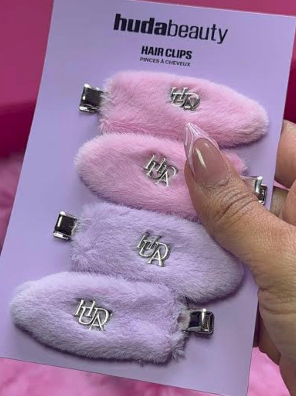ISO Huda beauty fuzzy pink & purple hair clips set